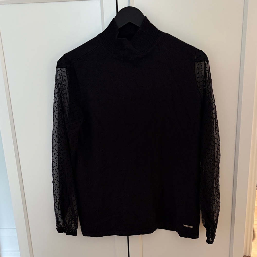 Anne Klein Black Sheer Dot Sleeve Mock Neck Blouse